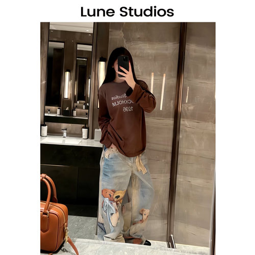 LuneStudios关晓彤同款1996印花85%棉15%亚麻AC风棕色做旧长袖T恤