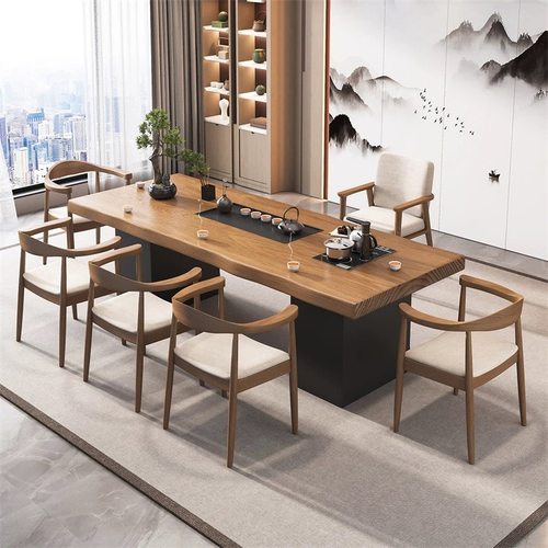 实木功夫茶桌中式乌金石茶盘一体带柜简约客厅办公室泡茶桌椅组合