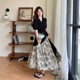 新中式不规则小众碎花拼接黑色连衣裙女夏季303-Q6836-P115-K168，女装连衣裙，宁宁家
