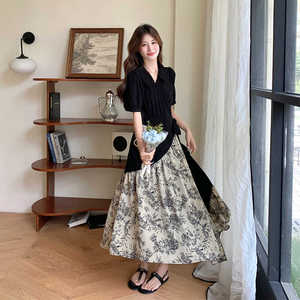 新中式不规则小众碎花拼接黑色连衣裙女夏季303-Q6836-P115-K168图片