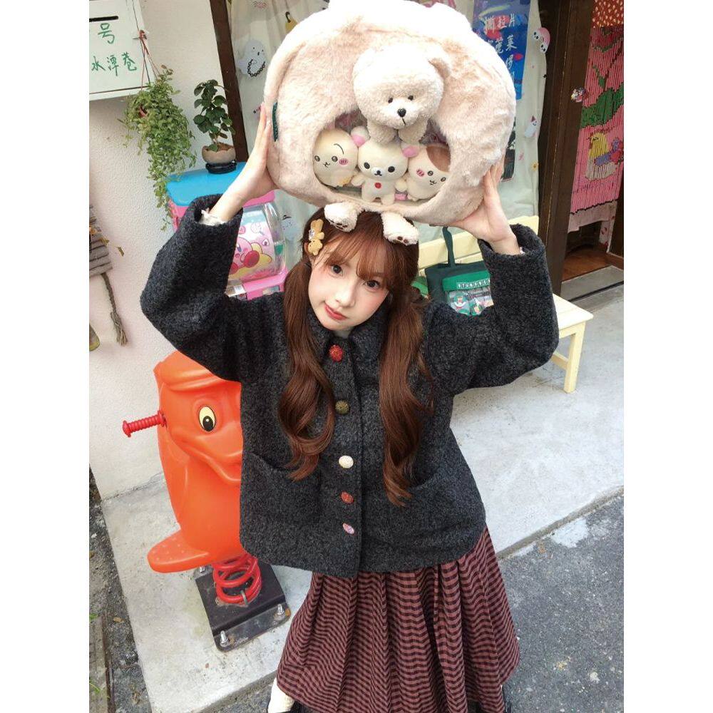 冬季甜美呢子外套+红格子呢子裙两件冬季新款甜美小个子套装
