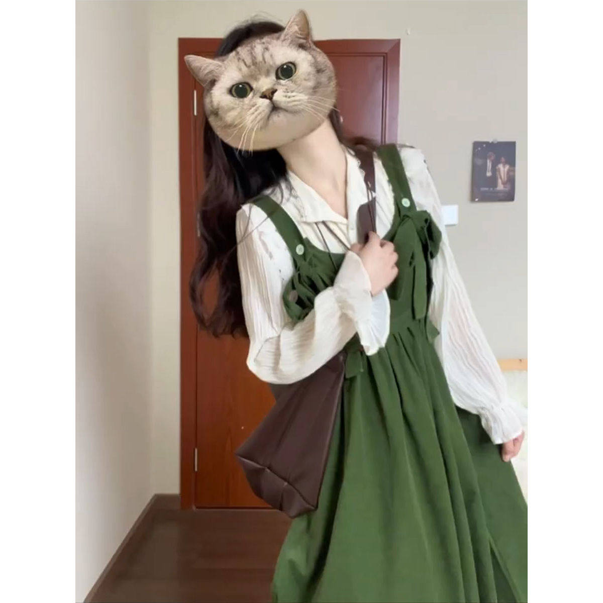 甜美可爱田园风超仙清新小个子套装女显瘦蝴蝶结衬衫背带裙两件套