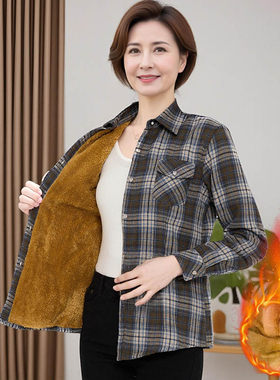 冬季厚款保暖修身格子衬衫中年女士加绒加厚百搭复古休闲衬衣外套