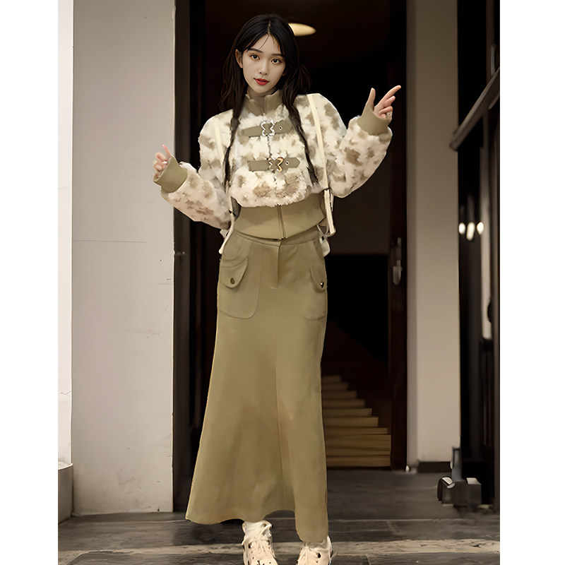 【芥辣甜心】美式复古高腰显瘦毛绒皮扣外套套装长裙冬季新款