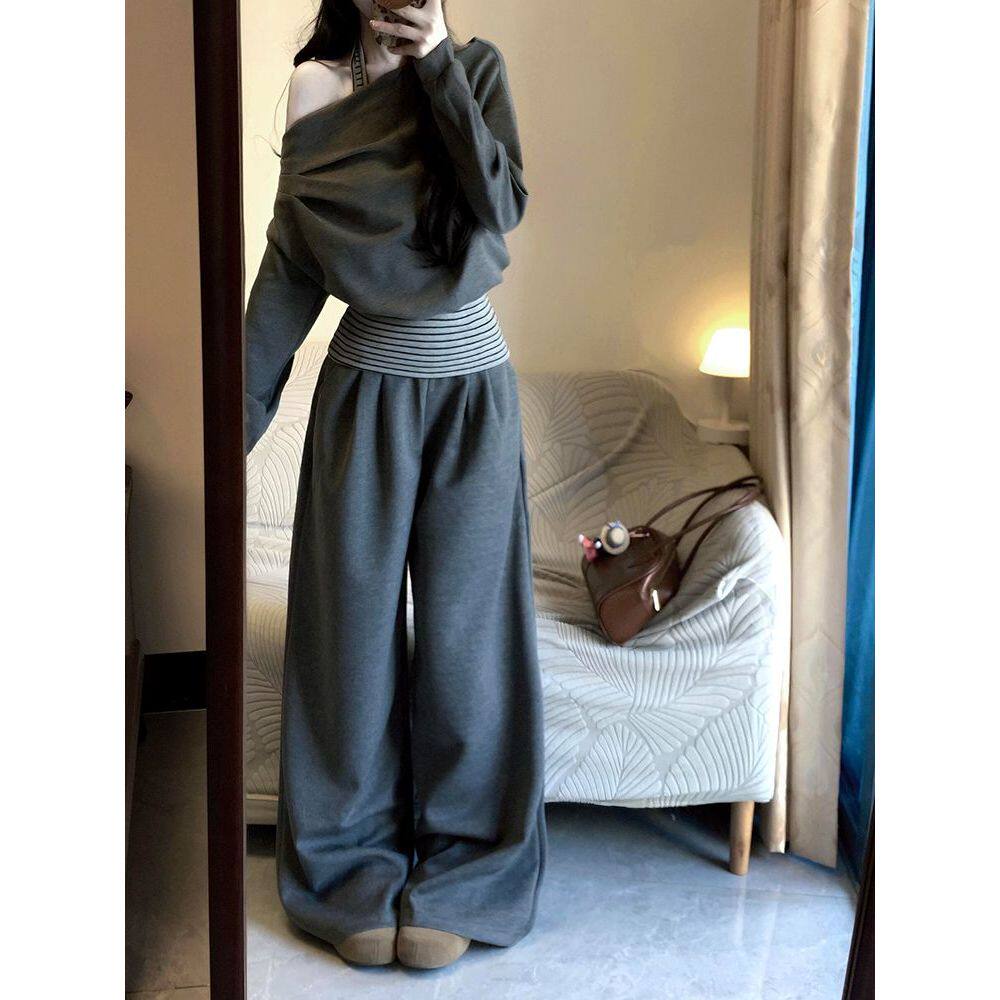 慵懒风灰色条纹挂脖假两件上衣女春秋新款宽松休闲阔腿裤运动套装