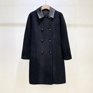 法式高级早春26经典休闲呢子大衣皮领双排扣中长款女百搭外套大衣