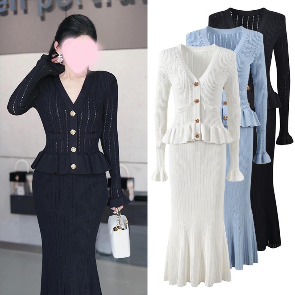现货秋新款法式名媛气质V领针织荷叶边拼接修身中长款鱼尾连衣裙