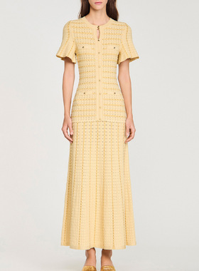 S家2026早春新款女装通勤简约圆领短袖修身显瘦套头长款连衣裙