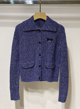 法式高级秋冬女装XRJ7M22D休闲气质翻领单排扣深紫色长袖针织衫