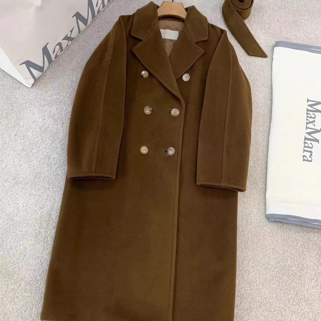 2025秋冬双面手缝羊绒经典双排扣系带羊毛长款大衣外套女通勤风