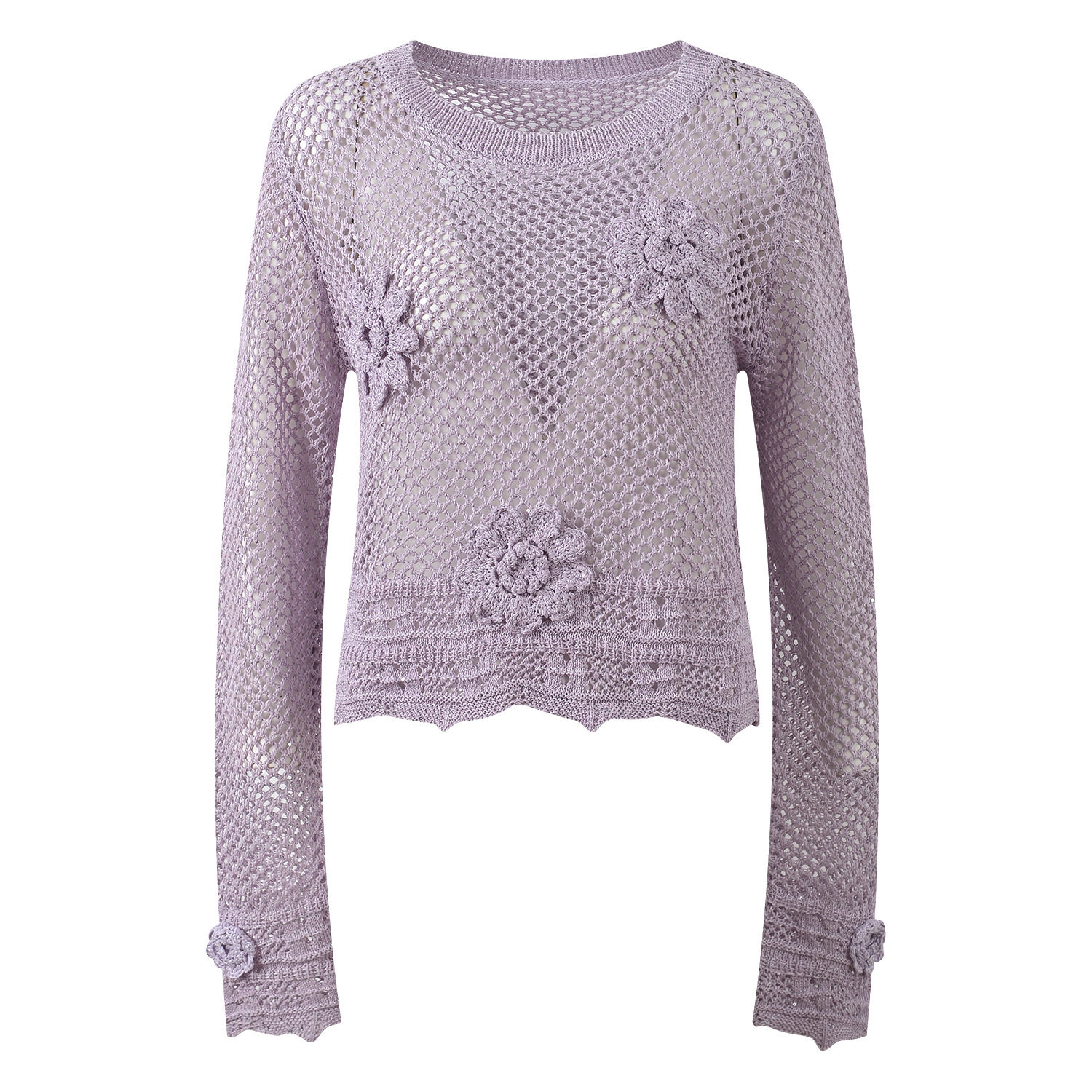 现货26夏季新款甜美清新手工钩花镂空短款长袖针织罩衫套头上衣