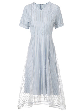 福利特价!夏季V领网纱条纹银丝甜美大摆裙女装无袖连衣裙L6213