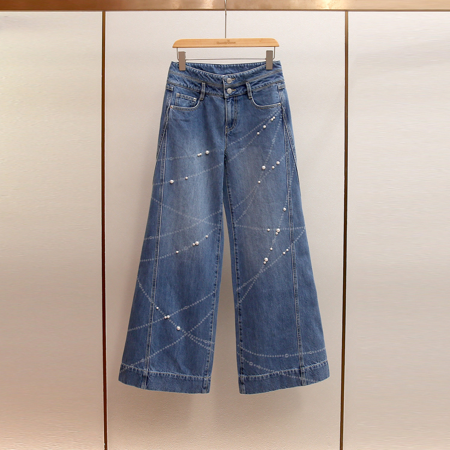 现货深圳南油高端女装秋冬新款复古百搭设计感钉珠阔腿高腰牛仔裤,女装/女士精品,牛仔裤,淘宝优惠券,粉丝福利购,淘宝优惠卷