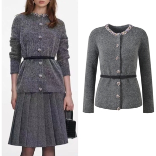 现货冬季新款法式慵懒风灰混色彩钻系带收腰修身显瘦针织开衫外套