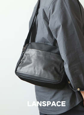 LANSPACE尼龙配皮单肩包男式斜挎包单肩包黑色简洁休闲包包布包