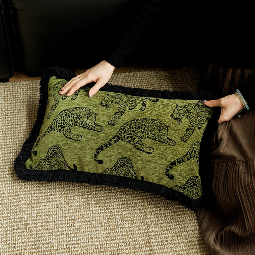 苔绿豹子提花中古风复古纯色肌理绒面靠垫抱枕沙发卧室方枕腰枕