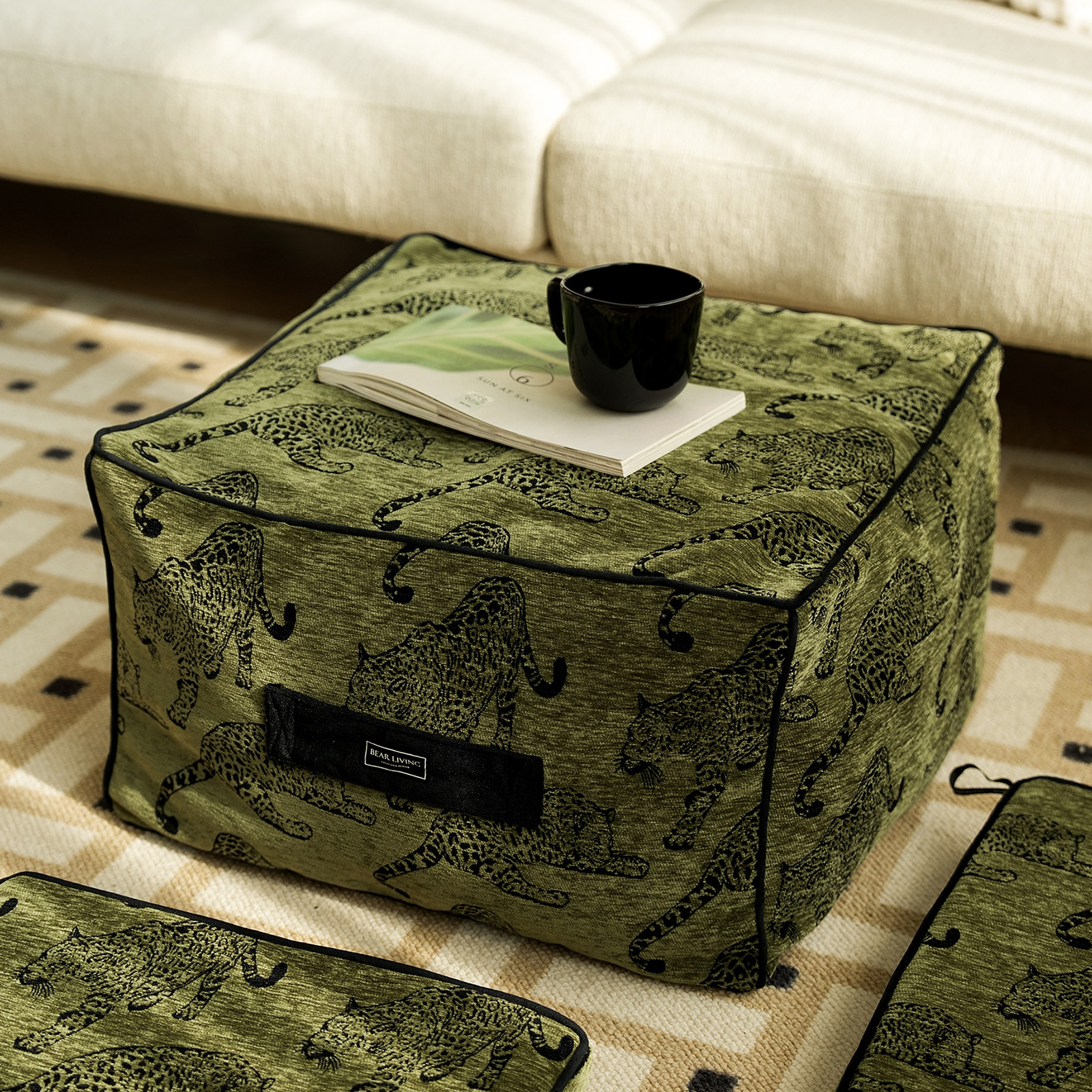 苔绿豹子复古立体绣可拆洗坐墩客厅墩子蒲团坐垫凳沙发垫凳子