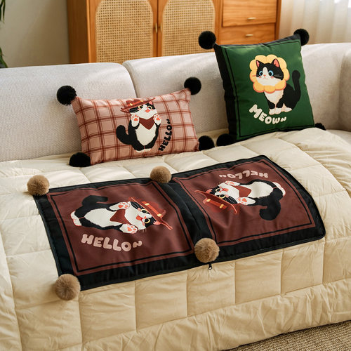 英伦小猫格纹复古时尚手拎抱枕被沙发盖毯二合一多功能车载抱枕