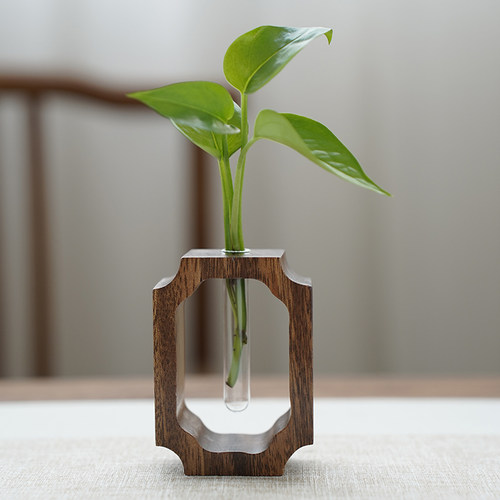 胡桃木水培花器新中式实木小花瓶桌面玻璃试管花插茶桌装饰摆件