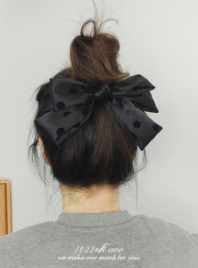 韩国进口手作法式黑色波点蝴蝶结顶夹女布艺半扎发夹马尾夹弹簧夹