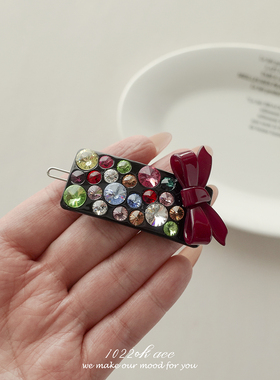 韩国进口AZ奢华水钻蝴蝶结发夹女边夹高级感彩色发扣夹闪钻头饰