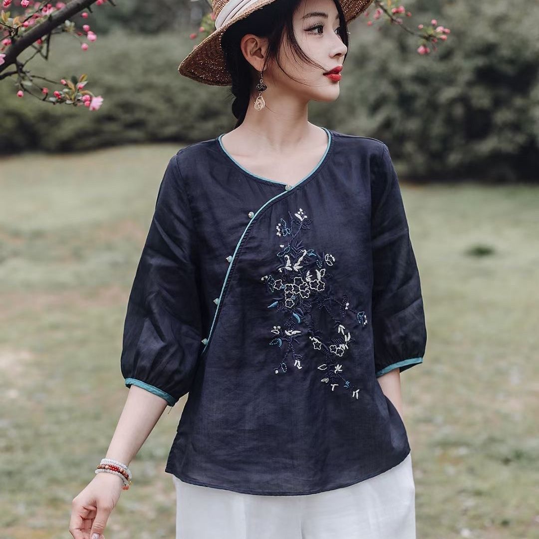 文艺复古盘扣棉麻衬衫