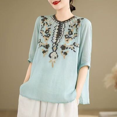 夏季新款民族风刺绣花纯苎麻衬衫女五分袖V领宽松显瘦薄款套头衫