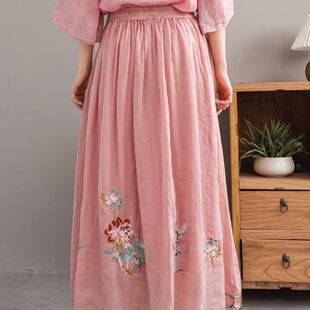 文艺国风高端细苎麻刺绣半裙系带女夏季 纯色有内衬松紧腰长裙 新款