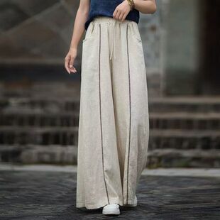 夏季棉麻阔腿裤小众个性文艺范宽松休闲长裤女式个性系绳亚麻裤子