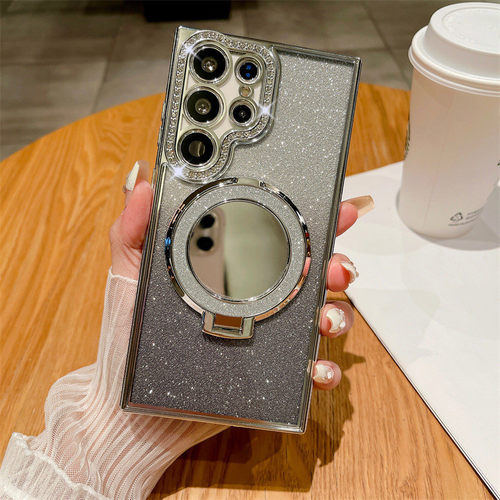 适用三星s26手機殼鏡面支架Glitter Mirror Magsafe Bracket Case Samsung S24 S23 S22 Ultra s22Plus Cover