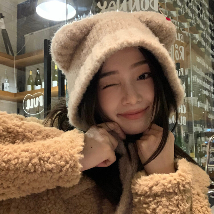 小熊耳朵系带毛线针织帽子女冬显脸小毛绒可爱护耳保暖大头围冷帽