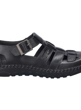 代购JOSEF SEIBEL男士凉鞋透气软底轻便防滑黑色皮质搭扣圆头