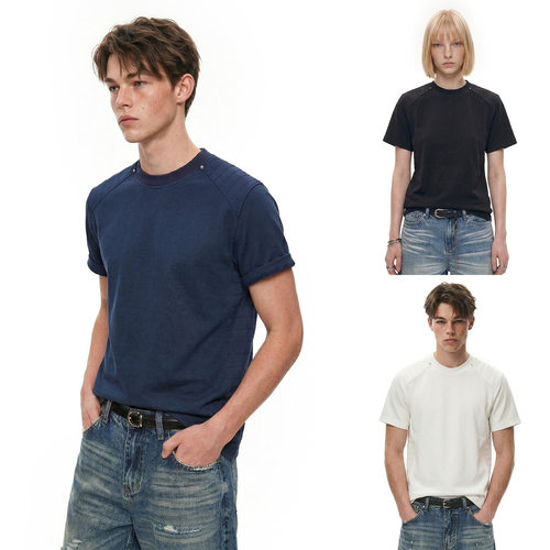 夏季剪裁柔软抗皱立挺复合休闲短宽正肩t短袖上衣男女