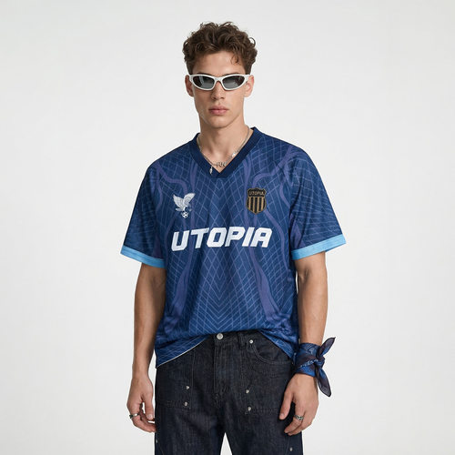 乌托邦蓝纹网洞运动球衣26春夏新品美式街潮休闲宽松T恤