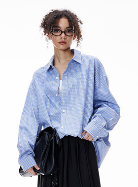 褶皱格纹衬衫25秋季新品潮牌miu系休闲开衫长袖纯棉