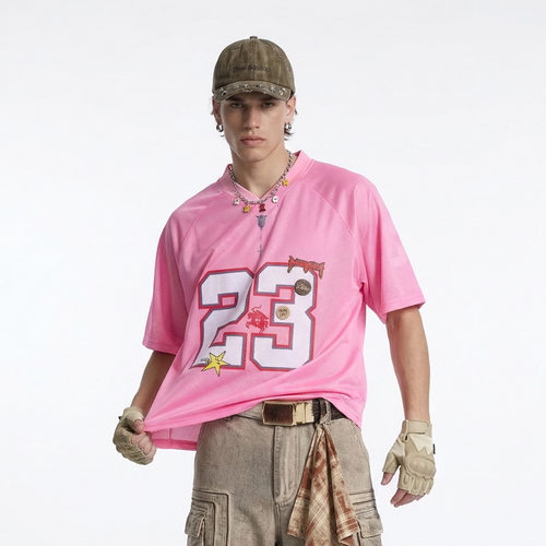 数码印花运动网洞球衣夏季新品潮牌个性网洞V领短袖T恤