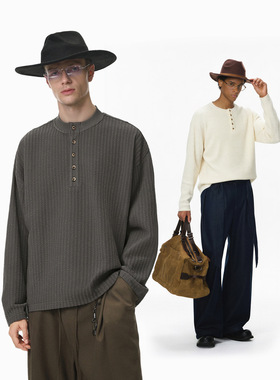 老钱亨利领长袖T恤25秋季新品潮牌休闲慵懒纯色男式