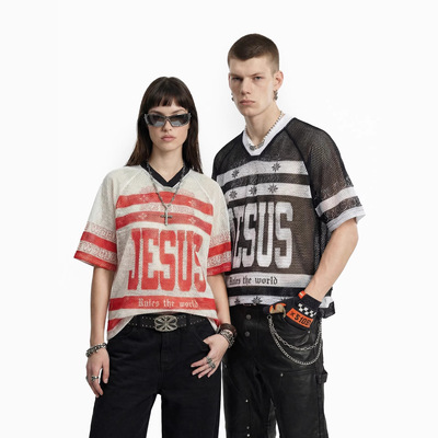 v领撞色数码印花球服2026夏季新款美式原创设计短袖T恤