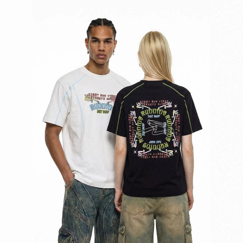 绒面仿刺绣跑步印花T恤夏季新品潮牌撞色线圆领短袖上衣