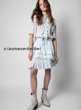 小猫儿美国代购Zadig Voltaire蓝色蕾丝荷叶边甜美收腰绝美连衣裙