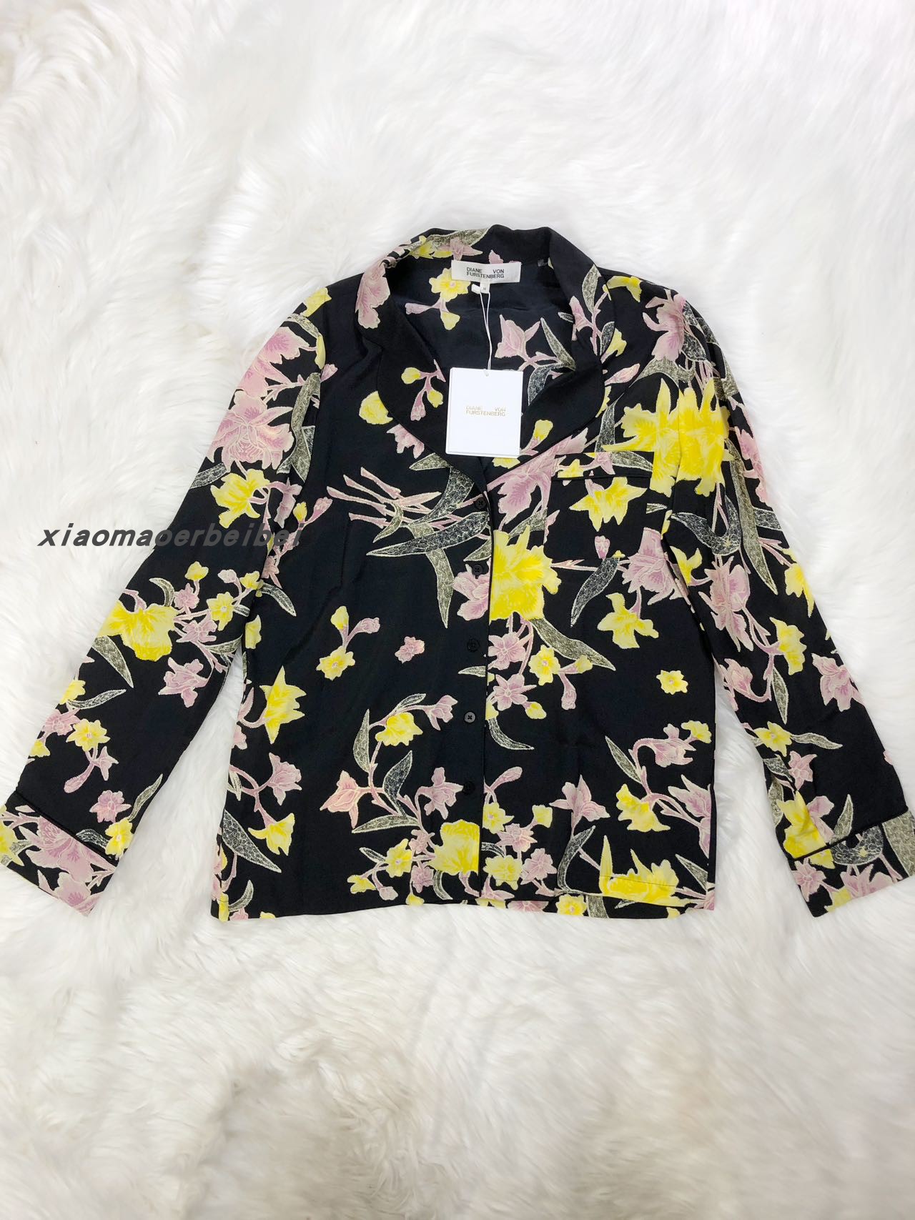 小猫儿美国代购DVF真丝印花翻领休闲印花复古长袖桑蚕丝衬衫上衣