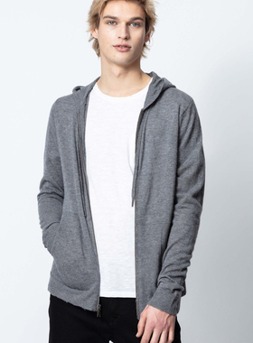 小猫儿美国代购直邮Zadig Voltaire羊绒灰色连帽拉链卫衣开衫外套