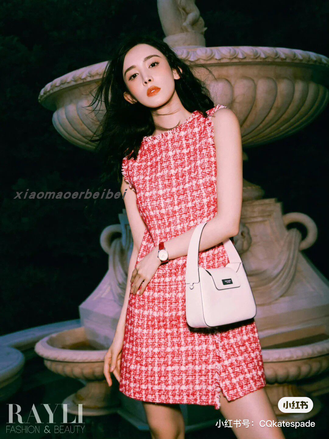 Kate Spade娜扎同款粉色甜美粗花呢小香风明星气质修身显瘦连衣裙