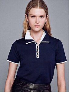 小猫儿美国代购直邮Frame藏蓝色复古纯色翻领镶边POLO衫短袖T恤
