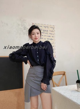 小猫儿美国代购Zadig Voltaire黑色蕾丝荷叶边长袖气质显瘦衬衫