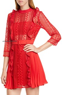 小猫儿美国代购self portrait红色系带气质蕾丝收腰长袖连衣裙