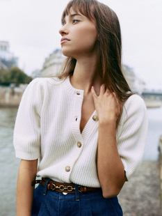 小猫儿美国代购直邮Frame经典甜美气质羊绒圆领短袖针织开衫毛衣