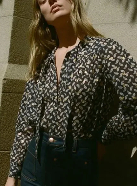 小猫儿美国代购直邮 Doen法式复古印花系带长袖纯棉衬衫上衣