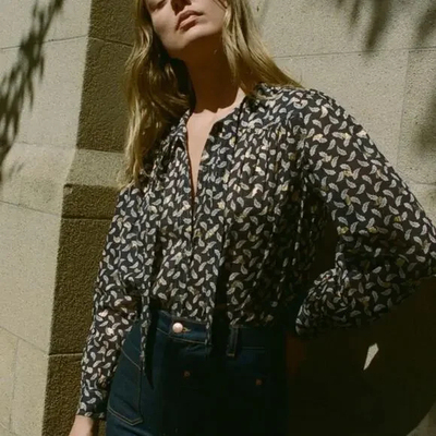 小猫儿美国代购直邮 Doen法式复古印花系带长袖纯棉衬衫上衣