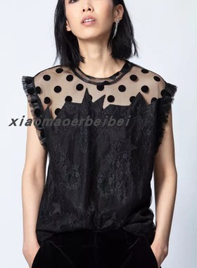 小猫儿美国代购Zadig Voltaire黑色蕾丝气质显瘦星星短袖只卖正品